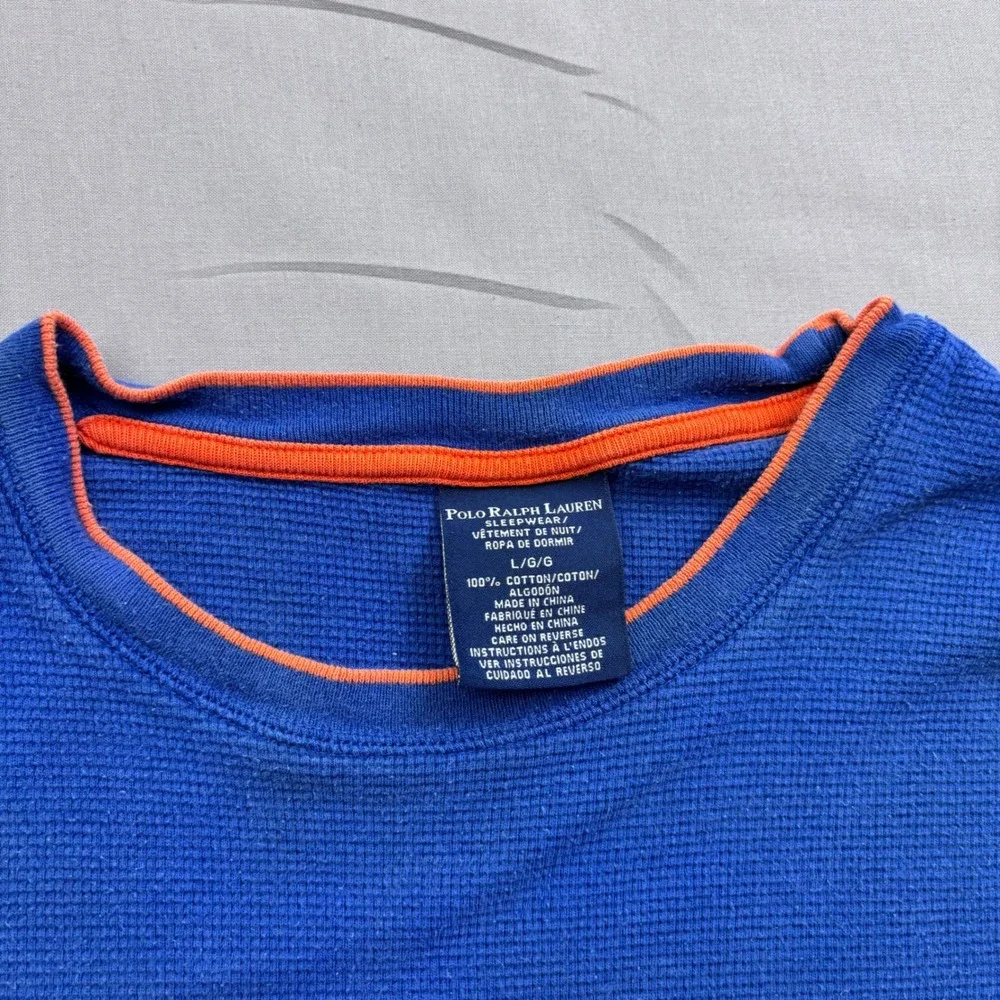 Polo Ralph Lauren‎ Mens Blue Waffle Knit Thermal Sleep Shirt Orange Pony Large